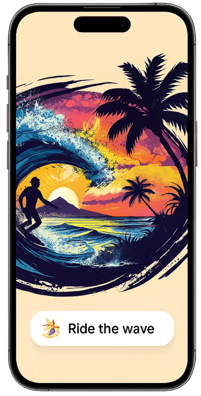 Surfer riding wave at sunset with palm trees