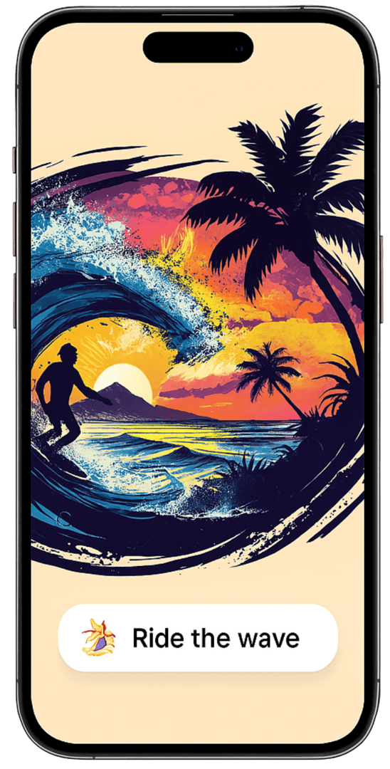Surfer riding wave at sunset with palm trees