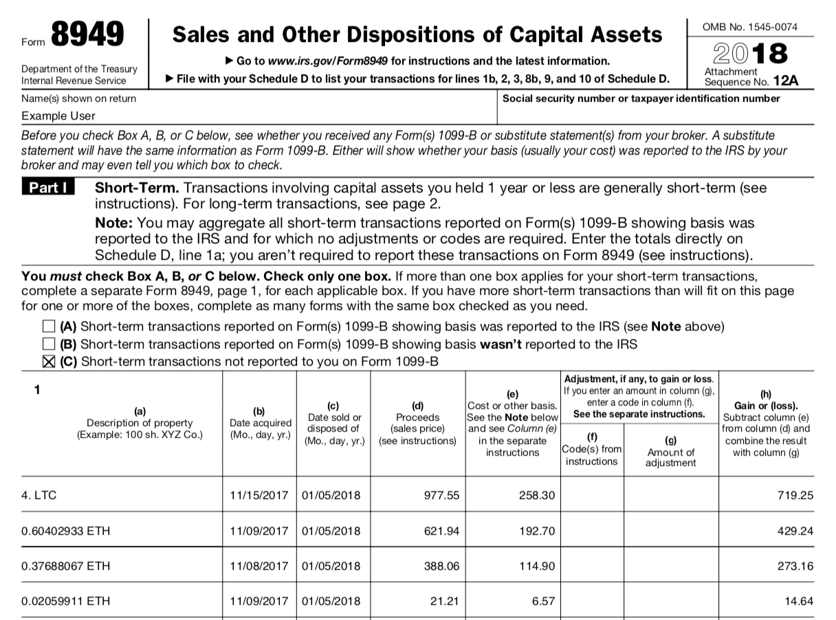 IRS Form 8949 for reporting short-term cryptocurrency capital asset sales and dispositions for tax year 2018.