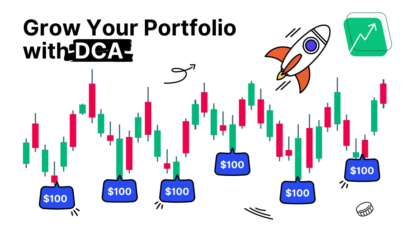 Illustration of dollar cost averaging with repeated $100 investments on a fluctuating crypto candlestick chart and a rocket symbolizing growth.