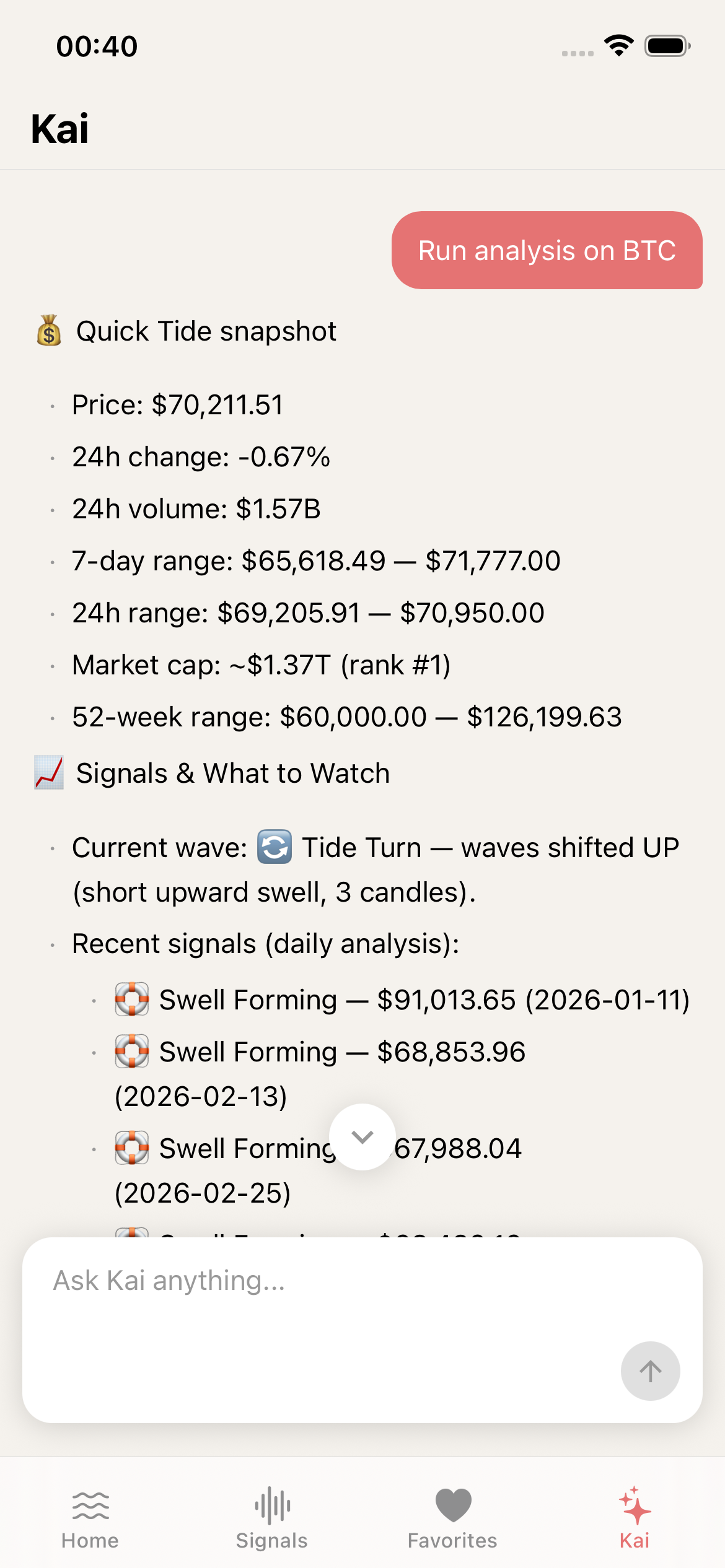 Kai AI Assistant showing real-time BTC analysis with wave state, price data, and recent signals inside the WaveTrader app