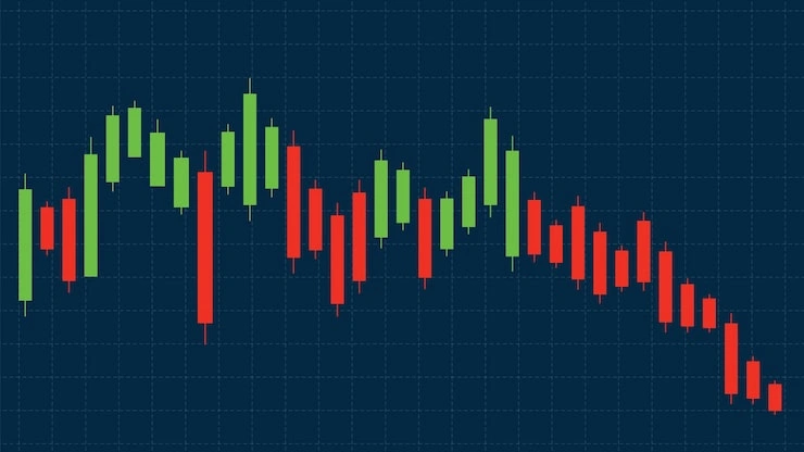Candlestick trading chart showing price fluctuations with green and red bars on a dark grid background.